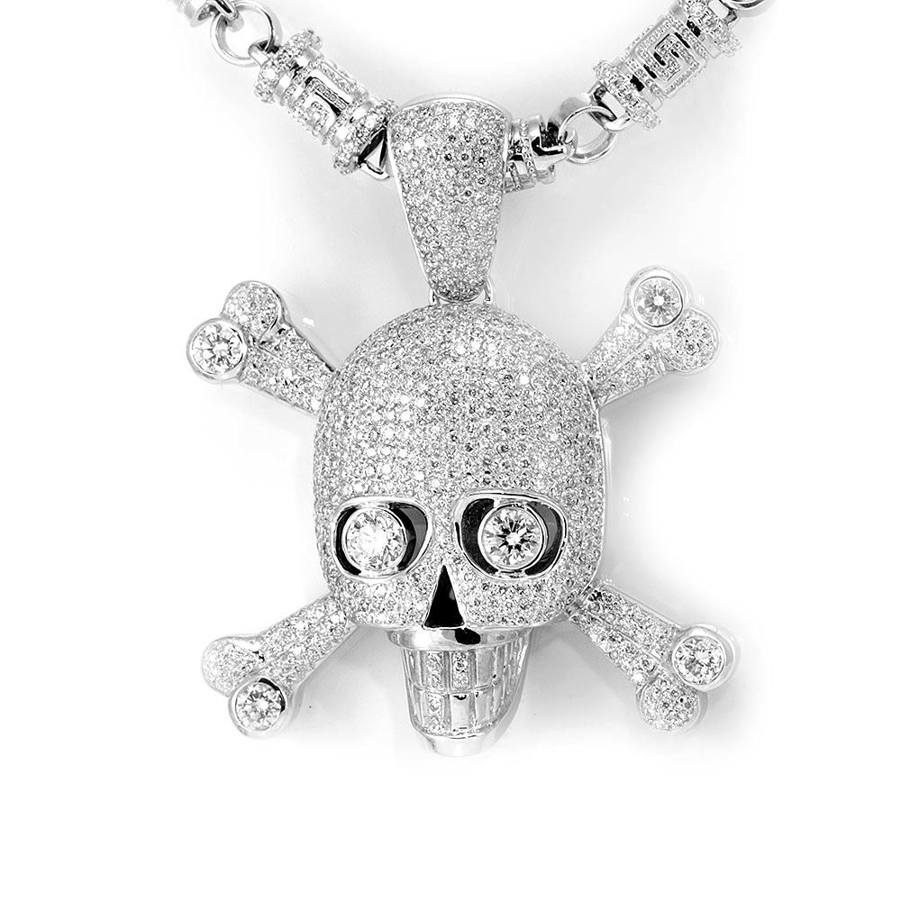 Skull Head with Bones Diamond Pendant in 14K White Gold