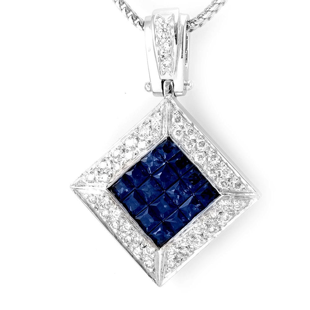 Princess Cut Diamonds and Blue Sapphires Pendant in 14K White Gold