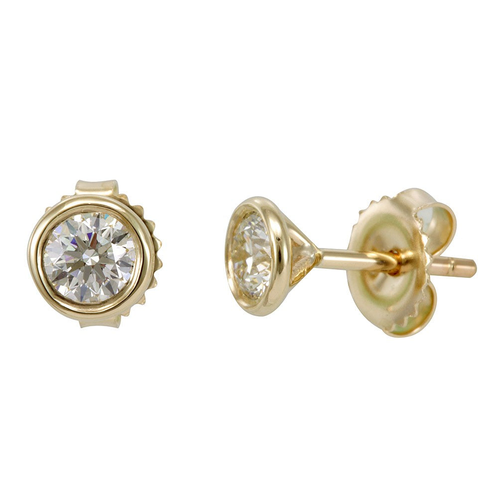 14K Yellow Gold Bezel Round Diamond Stud Earrings