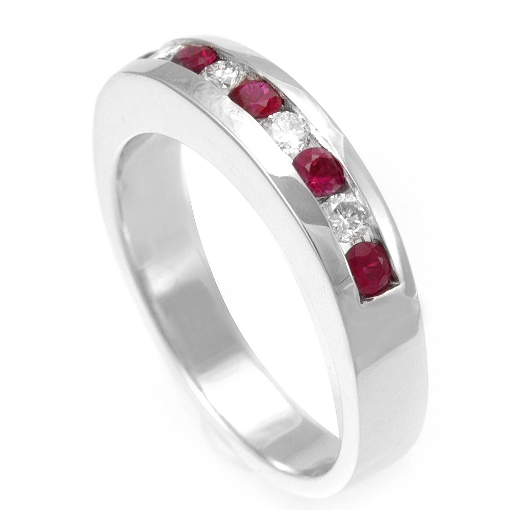 Round Rubies and Diamond in 14K White Gold Band
