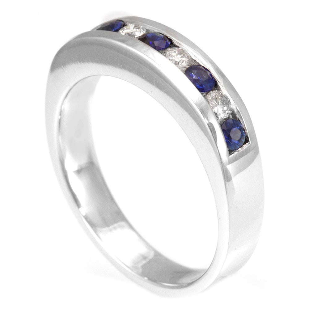 Round Diamond and Blue Sapphire Band in 14K White Gold