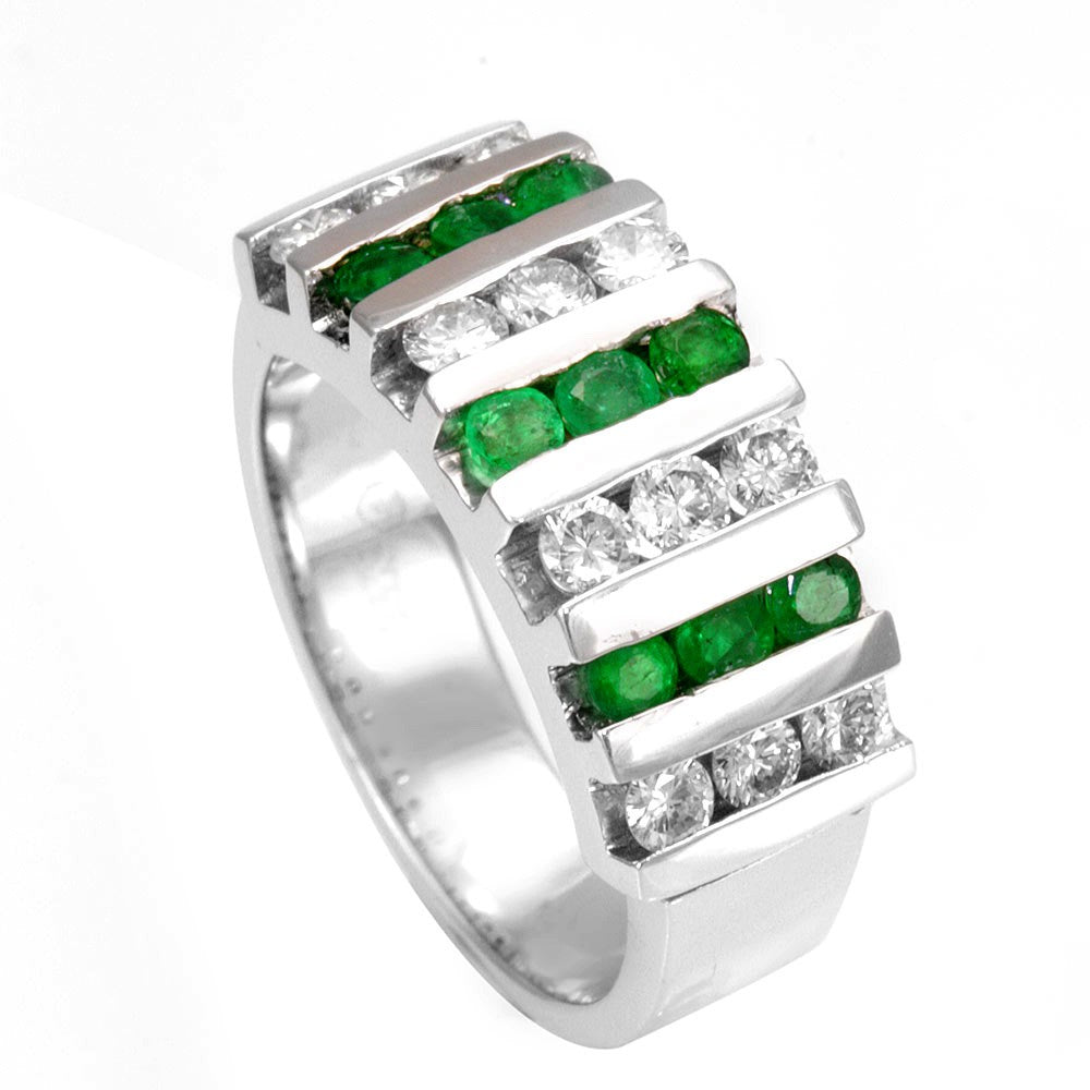 Round Diamonds and Emerald in Wide 14K White Gold Band