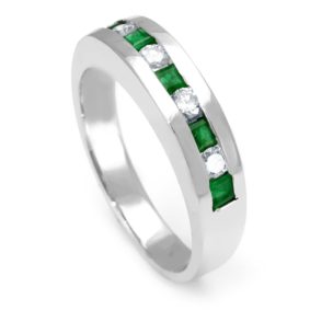 Round Diamond and Emerald in 14K White Gold Band