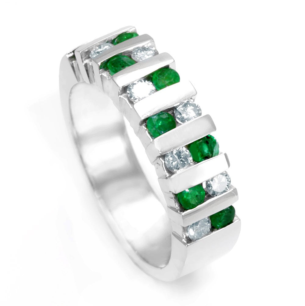 2 Row Round Diamond and Emeralds in 14K White Gold Band