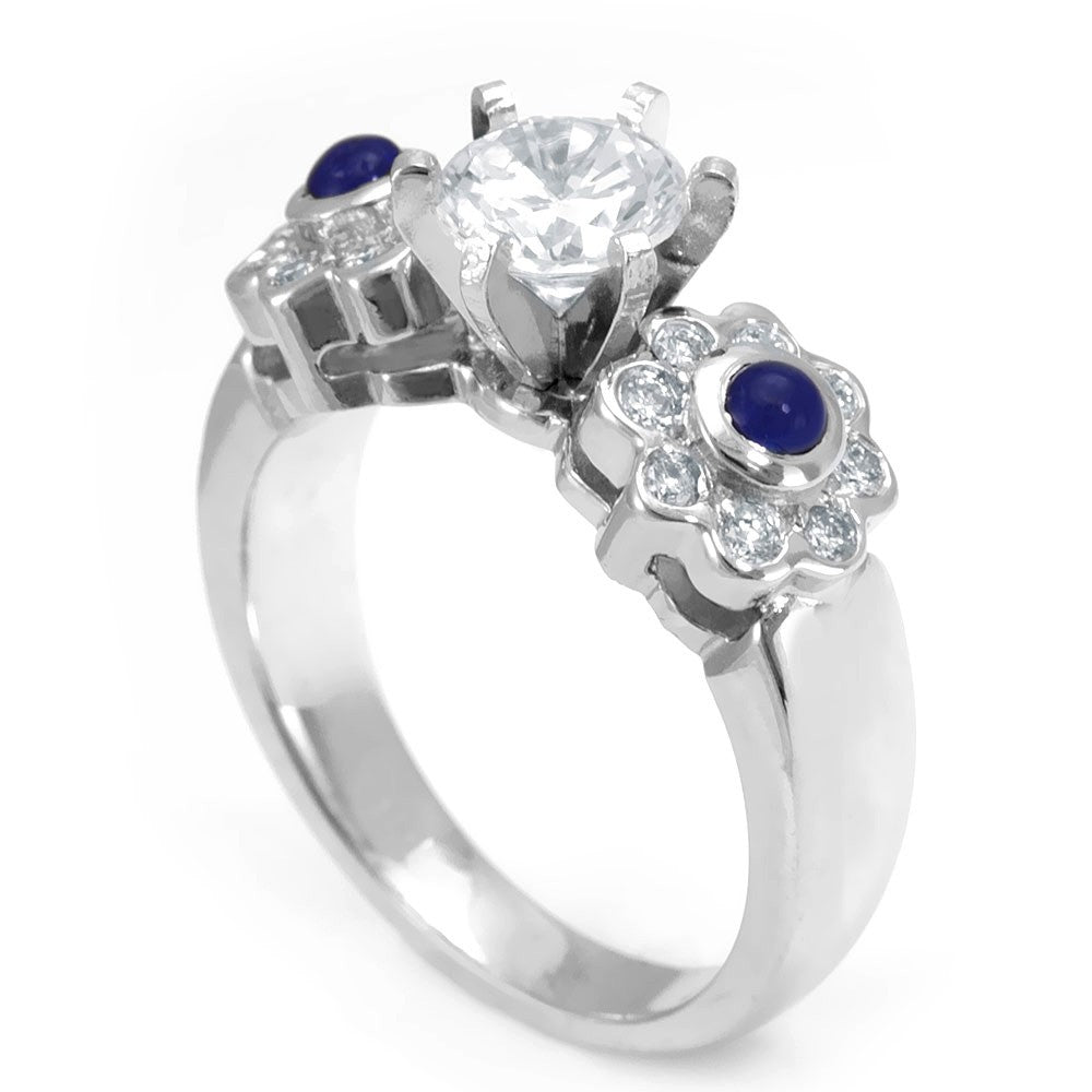 Round Diamond and Blue Sapphire Ring in 14K White Gold