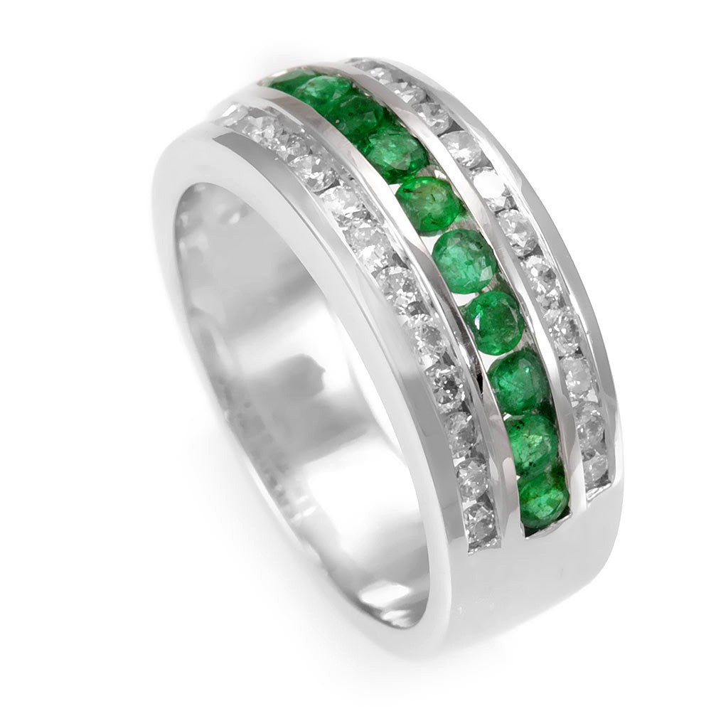 18K White Gold Diamond and Emerald Wide Band