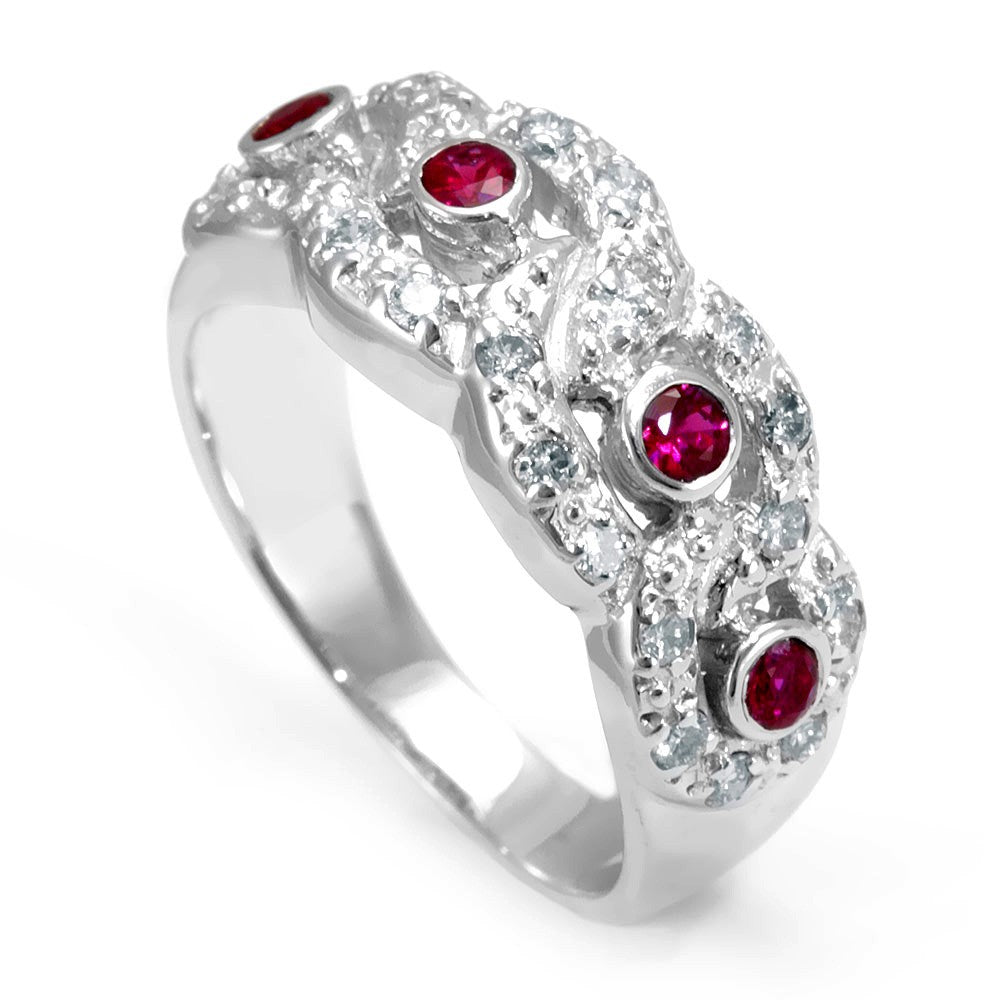 Unique Design Ring with Diamond and Rubies in 14K White Gold