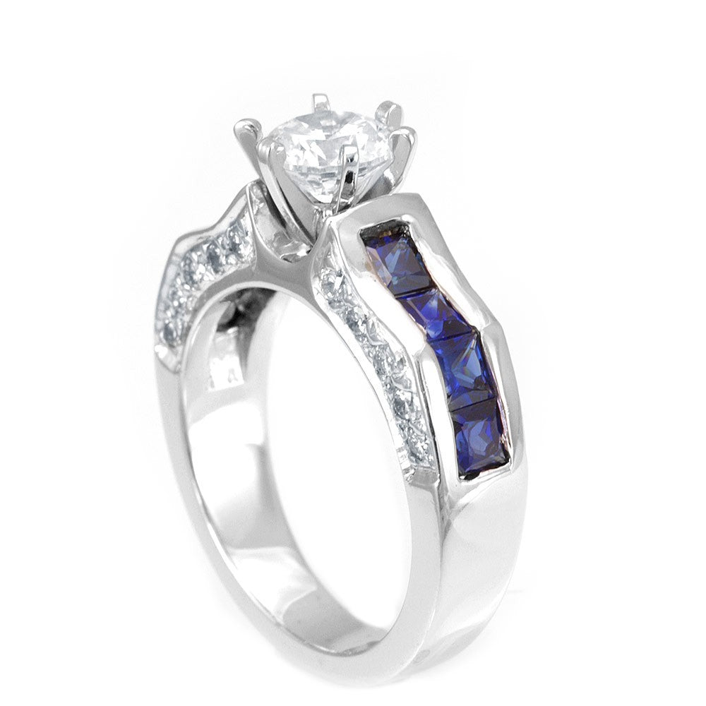 Blue Sapphire and Round Diamond Ring in 14K White Gold