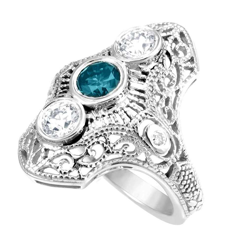 2 White and 1 Blue Diamond Engagement Ring in 14K White Gold