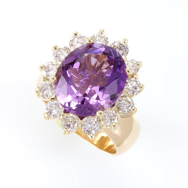 Amethyst and Prong Set Diamonds in 14K Yellow Gold Ring