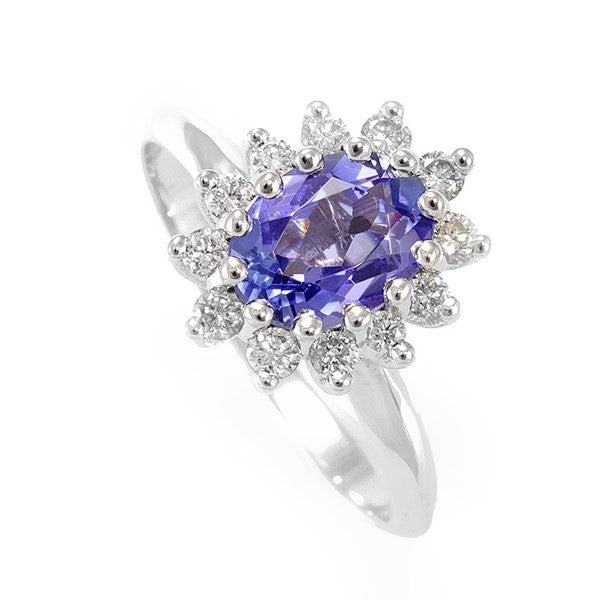 Tanzanite and Prong Set Diamonds in 14K White Gold Ring