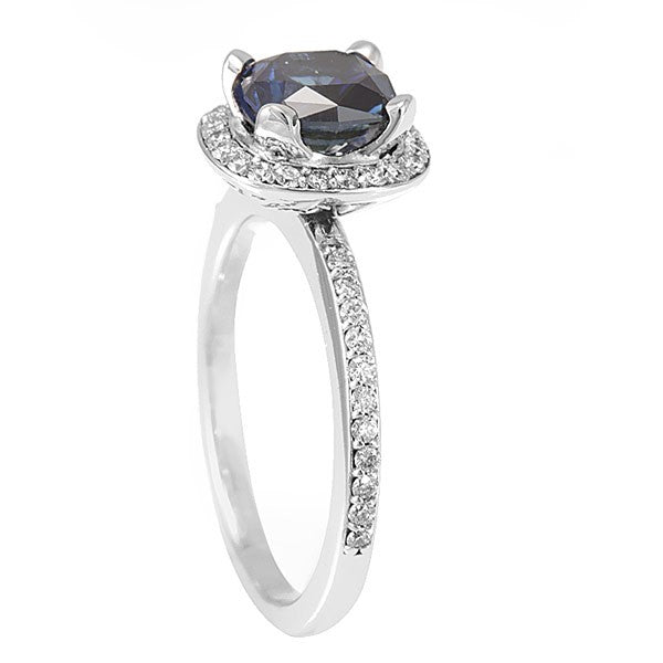 Cushion Cut Blue Sapphire in Diamond Halo 14K White Gold Ring