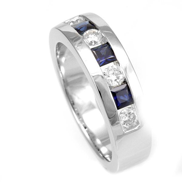 Square Blue Sapphires and Round Diamond in 14K White Gold Band