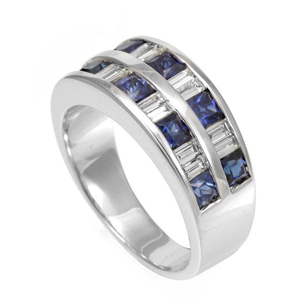 Baguette and Square Blue Sapphires in 14K White Gold Band
