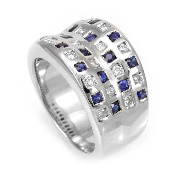 Round Diamonds and Blue Sapphires in 14K White Gold Wide Band
