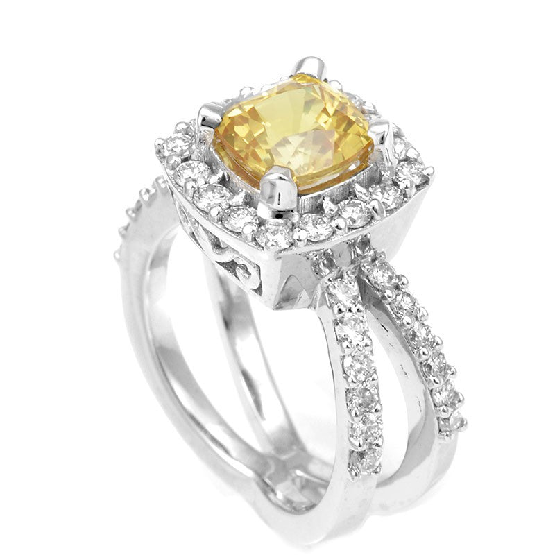Yellow Sapphire and Round Diamonds in 14K White Gold Ring