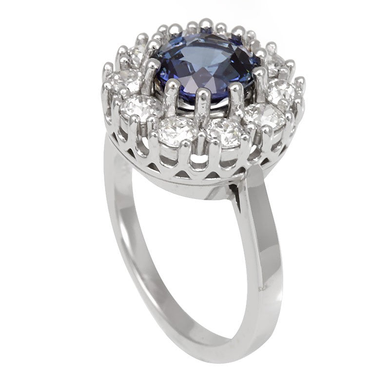 Blue Sapphire and Round Diamonds in 14K White Gold Cluster Ring