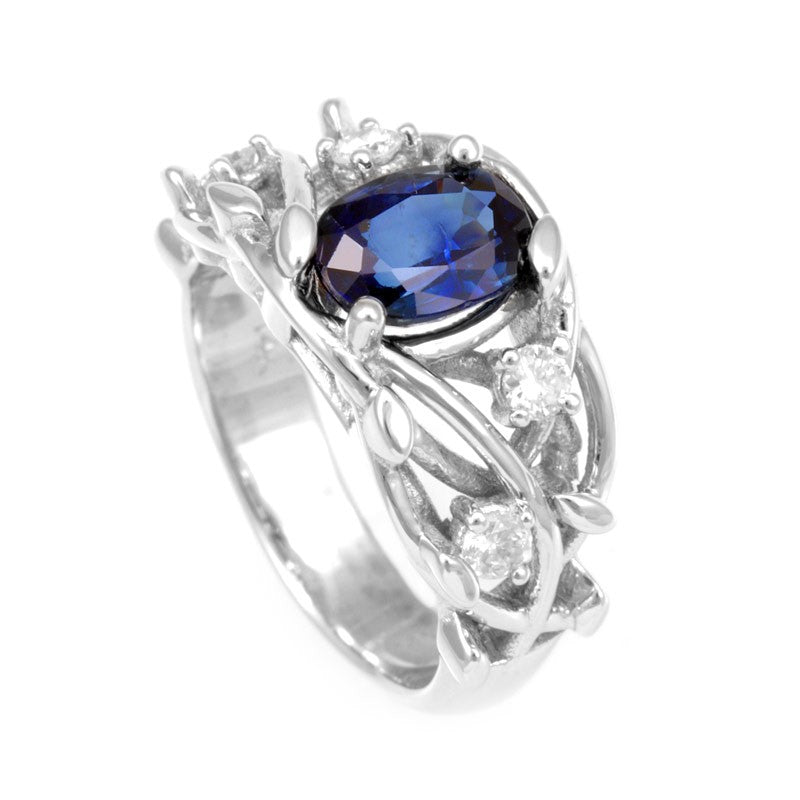 Oval Blue Sapphire and Round Diamonds in 14K White Gold Unique Ring