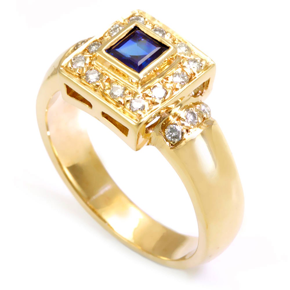 Blue Sapphire and Round Diamond Ring in 14K Yellow Gold