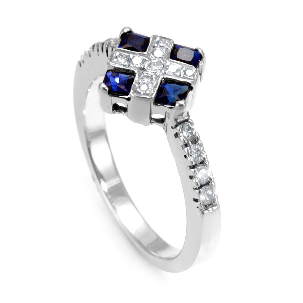 Blue Sapphire and Round Diamond Ring in 14K White Gold