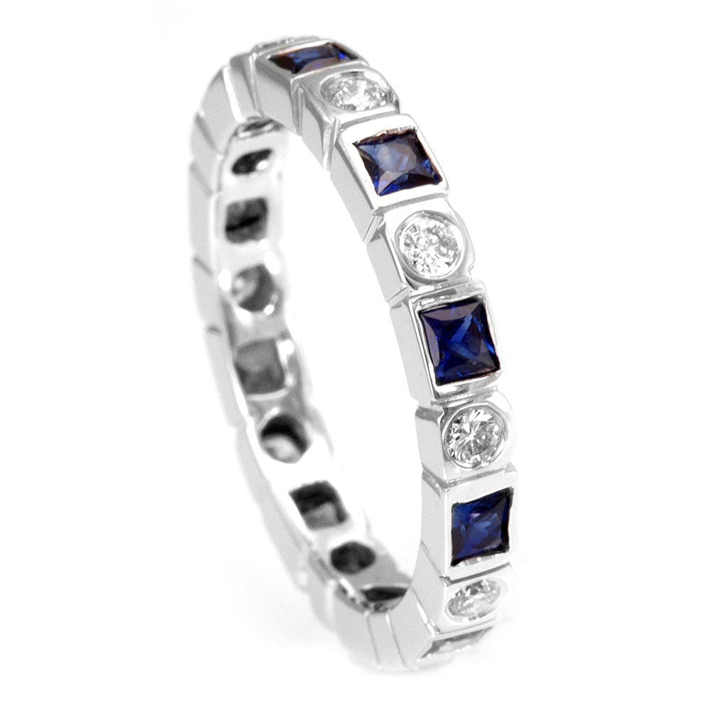 Blue Sapphire and Round Diamonds Band in 14K White Gold