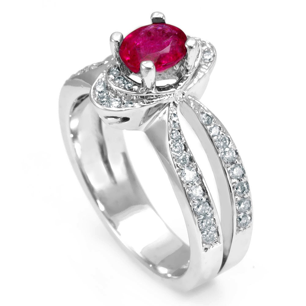 Split Shank Ring with Pink Tourmaline and Round Diamonds in 14K White Gold