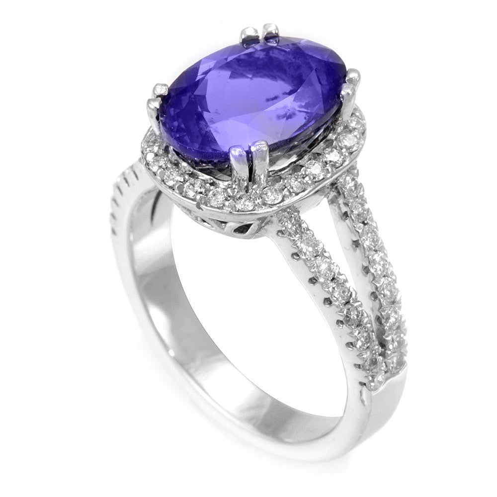 Oval Tanzanite with Diamond Halo Ring in 14K White Gold