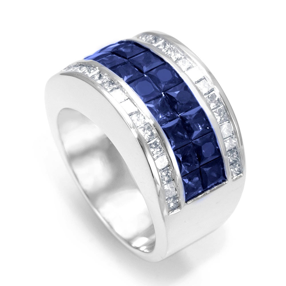 Blue Sapphire and Princess Cut Diamonds in 14K White Gold Band