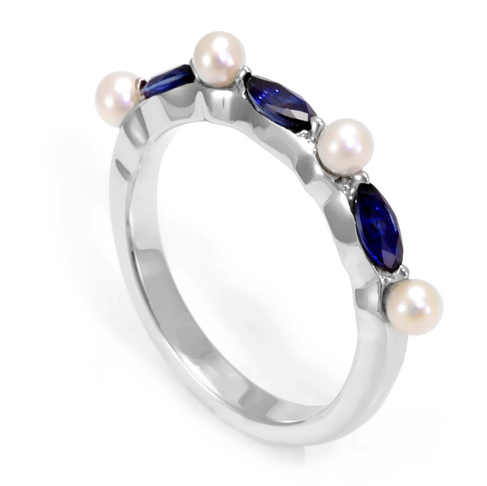 Pearl and Blue Sapphire in 14K White Gold Ring