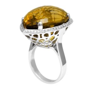 Pear Shape Lemon Quartz and Round Diamonds in 14K White Gold Fashion Ring