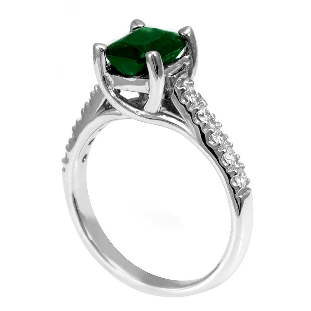 Emerald and Round Diamonds in 14K White Gold Ring