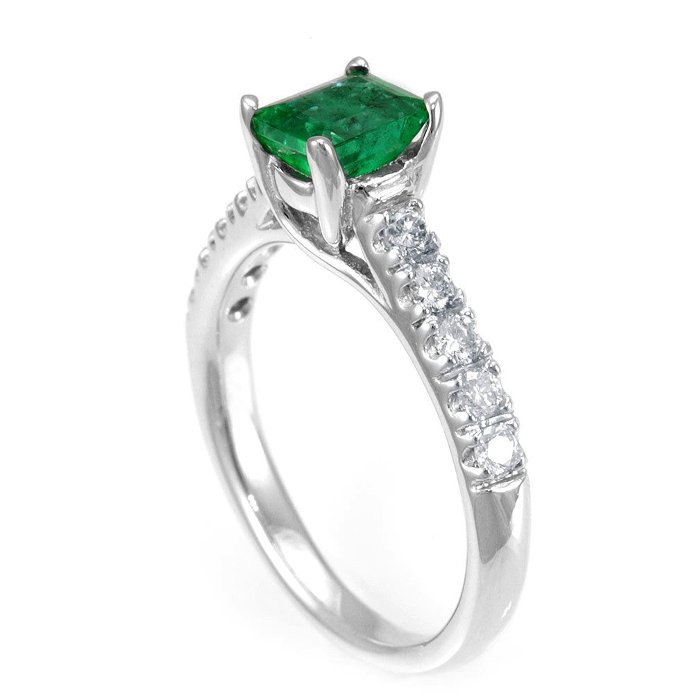 Green Emerald and Round Diamonds in 14K White Gold Ring