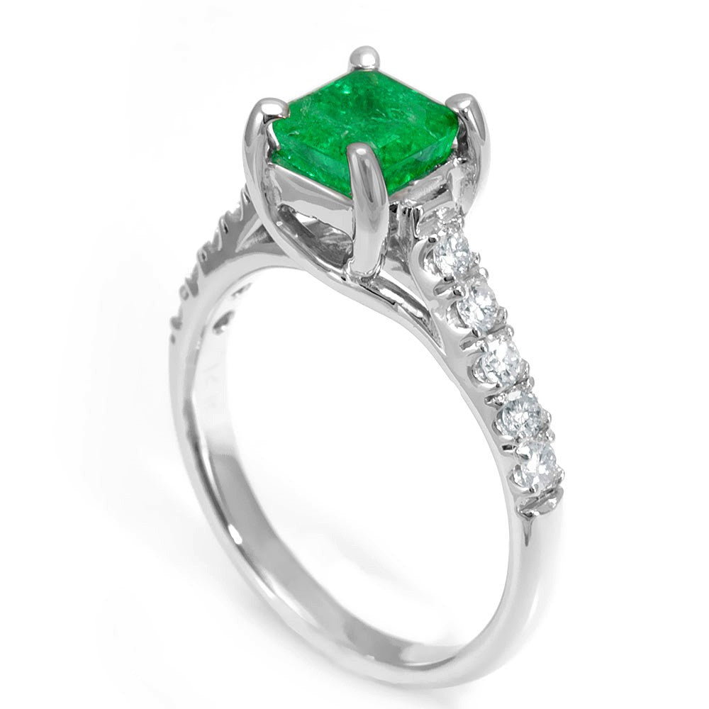 Emerald and Round Diamonds in 14K White Gold Ring