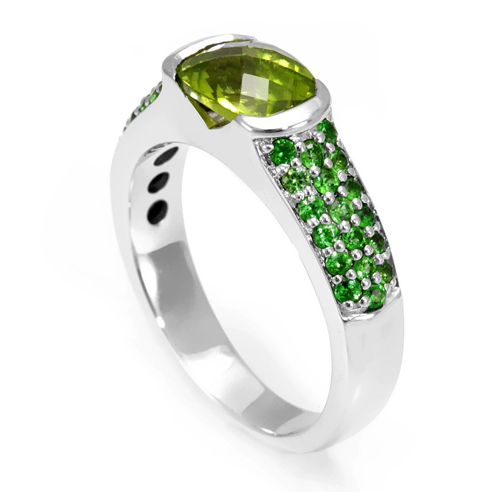 Semi Precious Peridot and Emeralds in 18K White Gold Ring