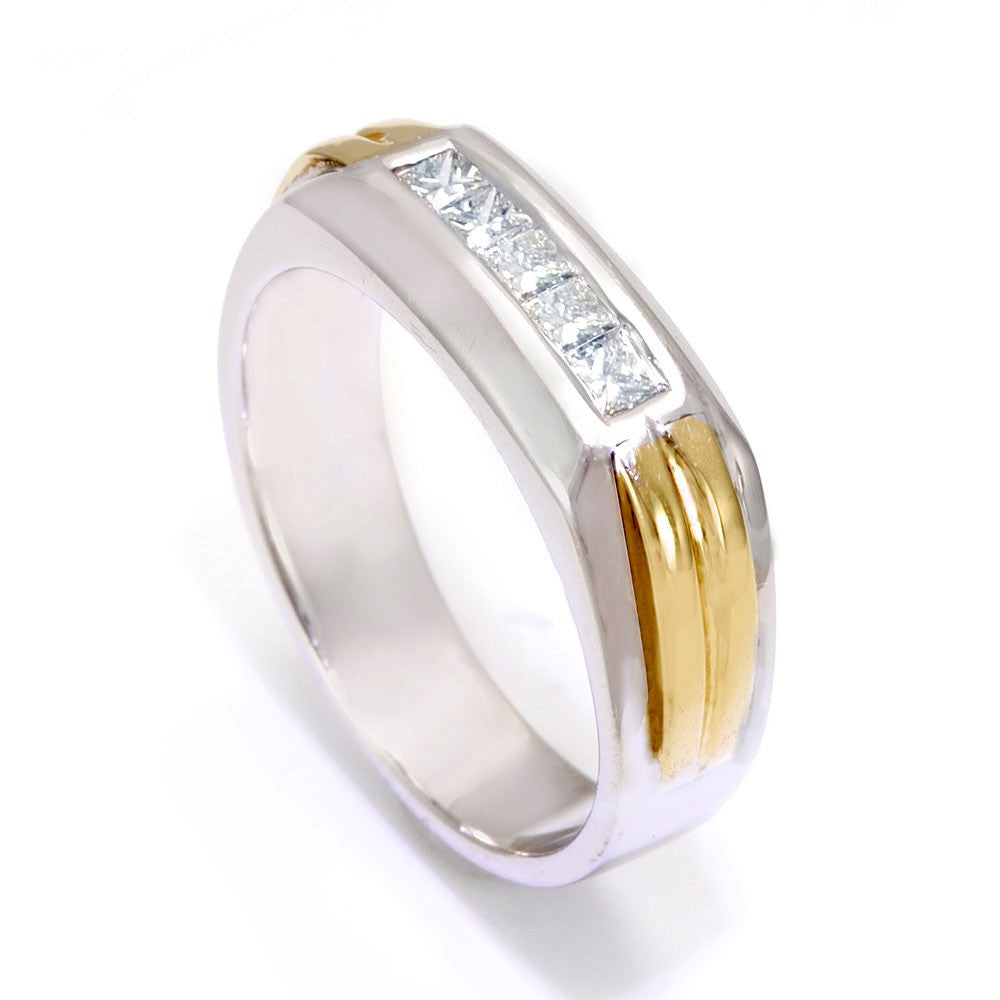 14K Two Tone Men's Ring with Princess Cut Diamonds
