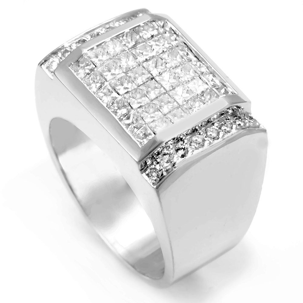 14K White Gold Men's Ring with Invisible Set Princess and Pave Round Diamonds