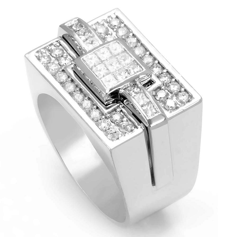 Princess Cut and Round Diamonds Men's Ring in 14K White Gold