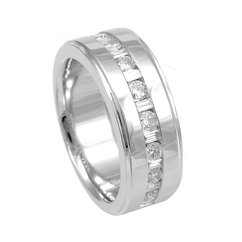 Baguette and Round Diamond Men's Band in 14K White Gold