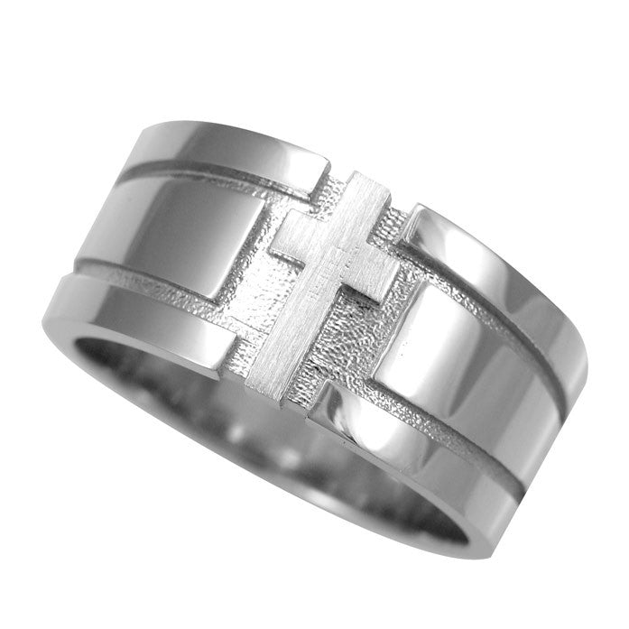 Cross Embossed Men's Band In 14K White Gold