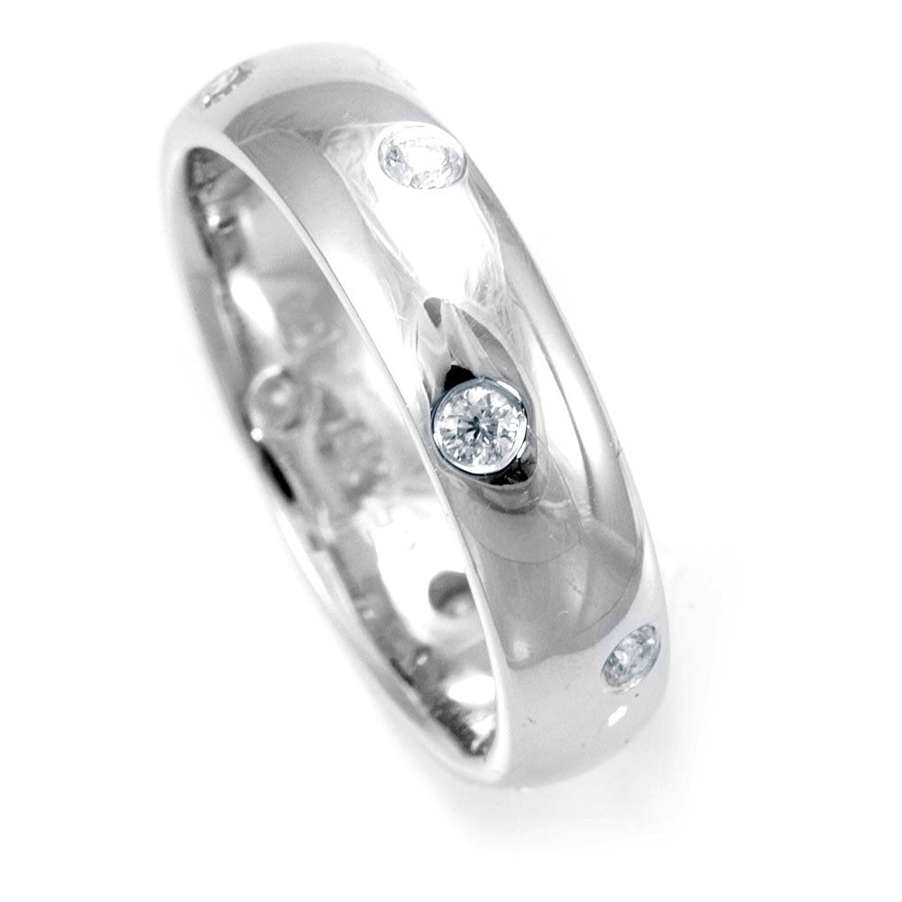 18K White Gold Rounded Wedding Band with Bezel Set Round Diamonds