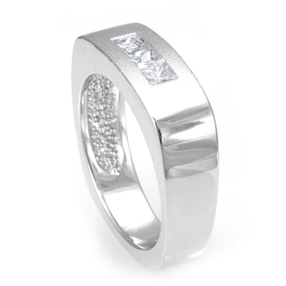 Square Shank 14K White Gold Wedding Band with 3 Princess Cut Diamonds