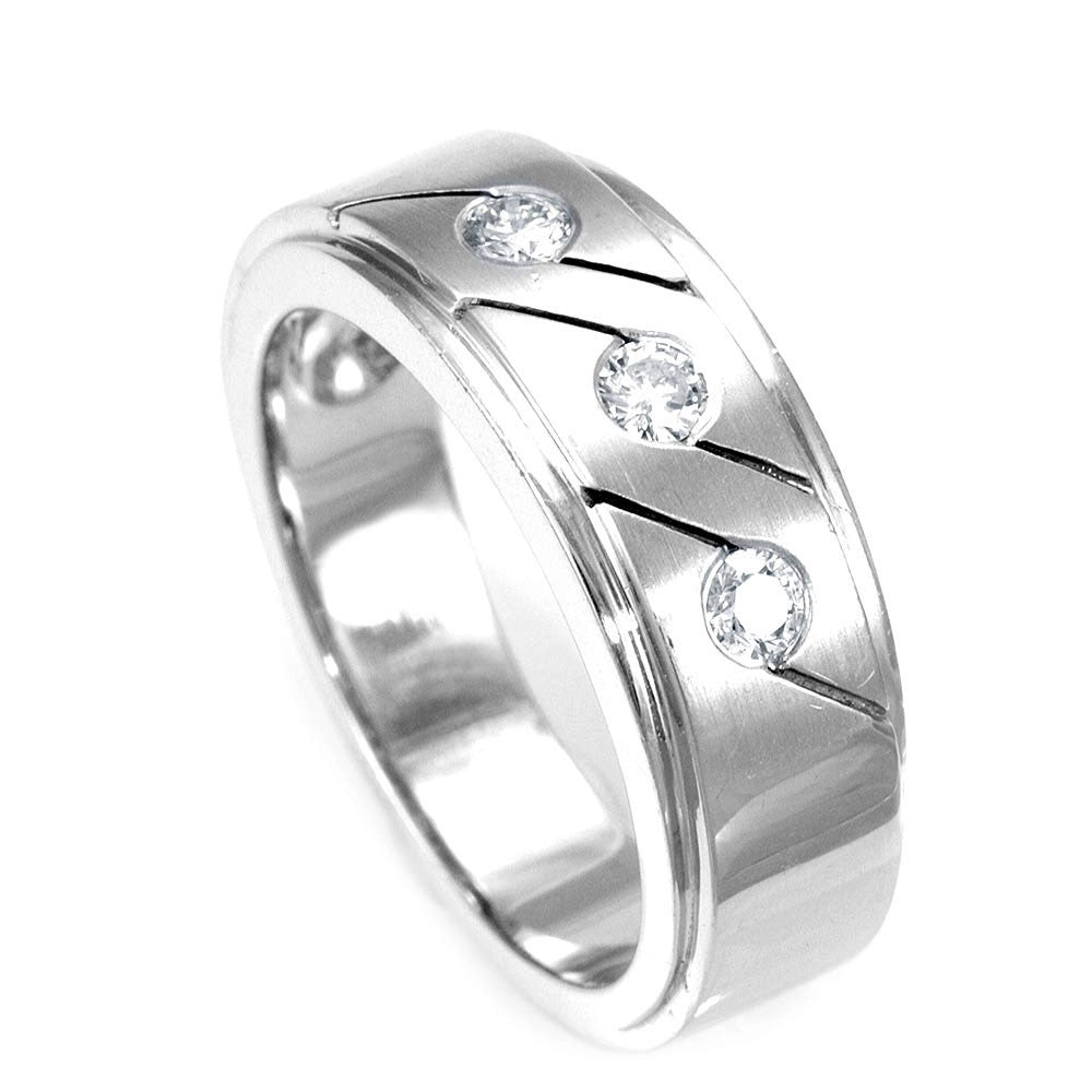 3 Diamond Bezel Set Wedding Band with carved lines in 14K White Gold