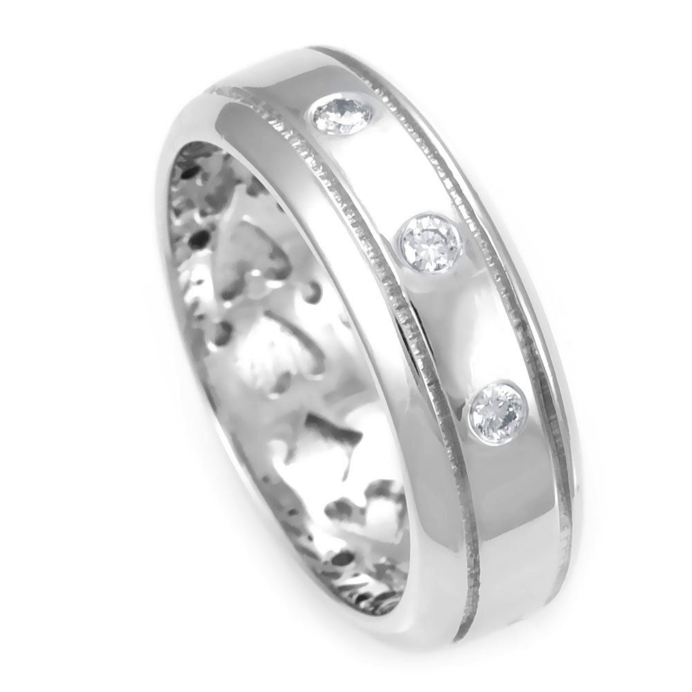 14K White Gold Comfort Fit Wedding Band with 3 Round Diamonds