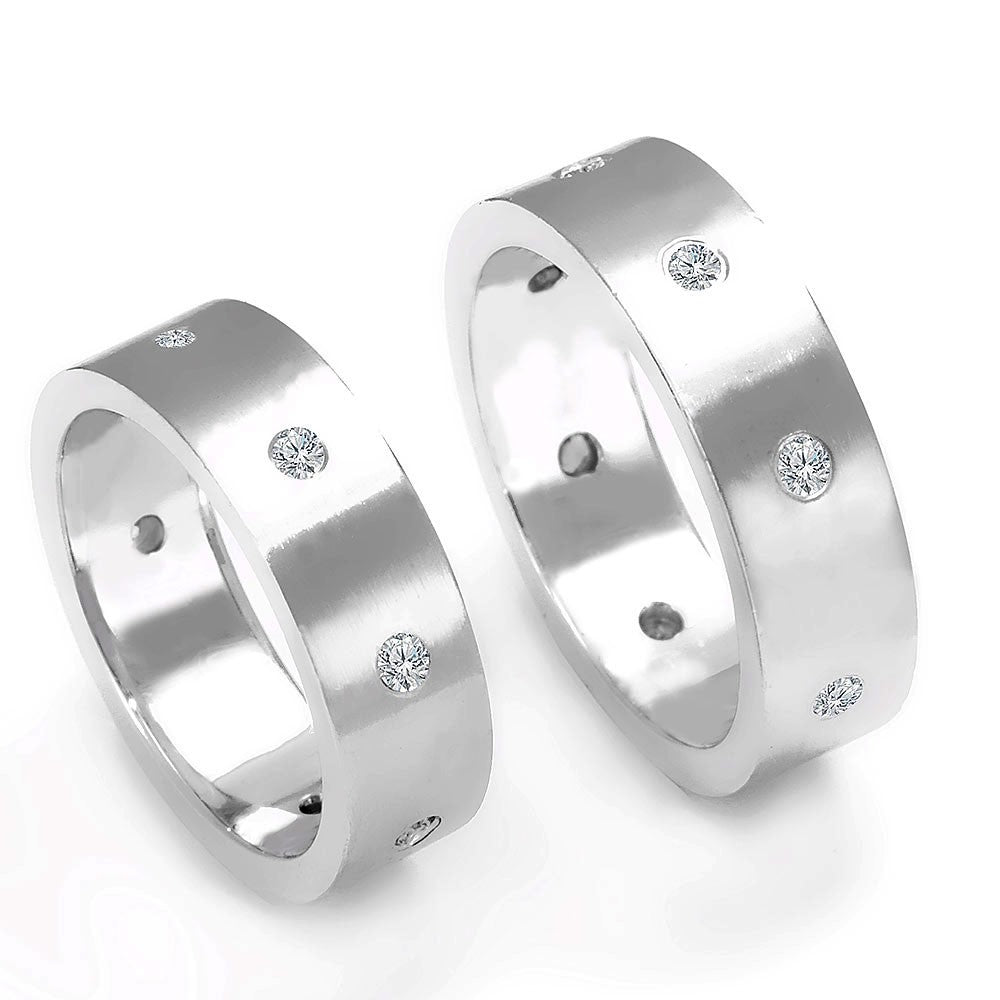 14K White Gold Flat Wedding Band with Bezel Set Round Diamonds