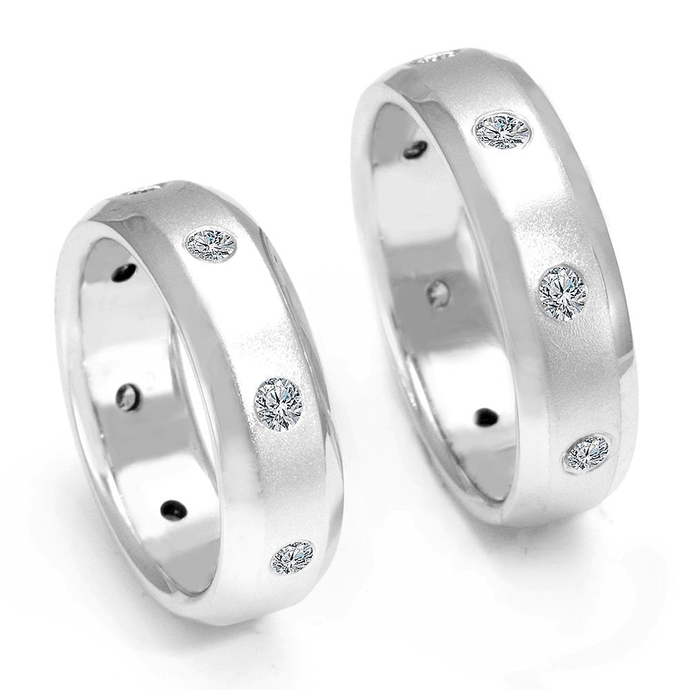 14K White Gold Rounded Wedding Band with Bezel Set Round Diamonds