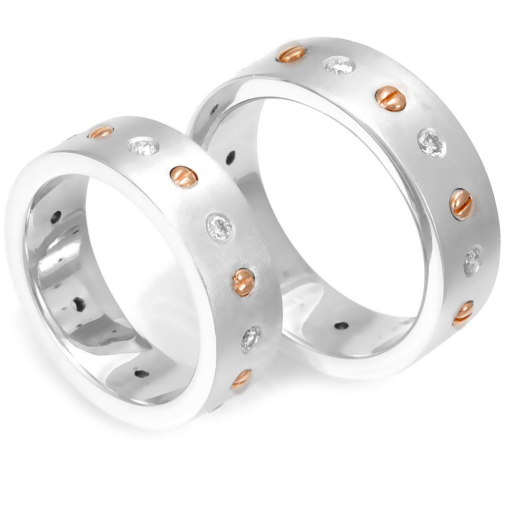 14K White and Rose Gold Wedding Band with Bezel Set Round Diamonds