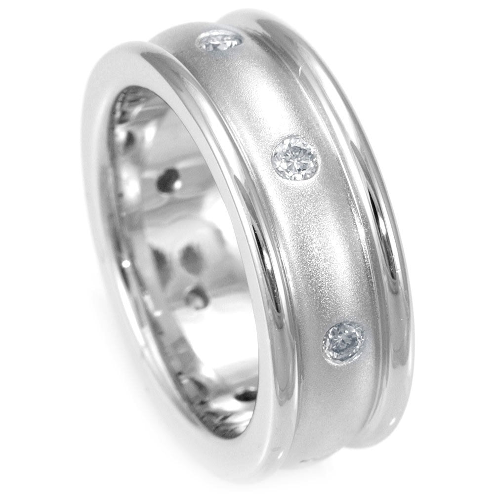 Modern Unisex 14K White Gold Wedding Band with Bezel Set Round Diamonds