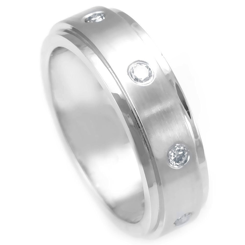 14K White Gold Wedding Band with Bezel Set Round Diamonds