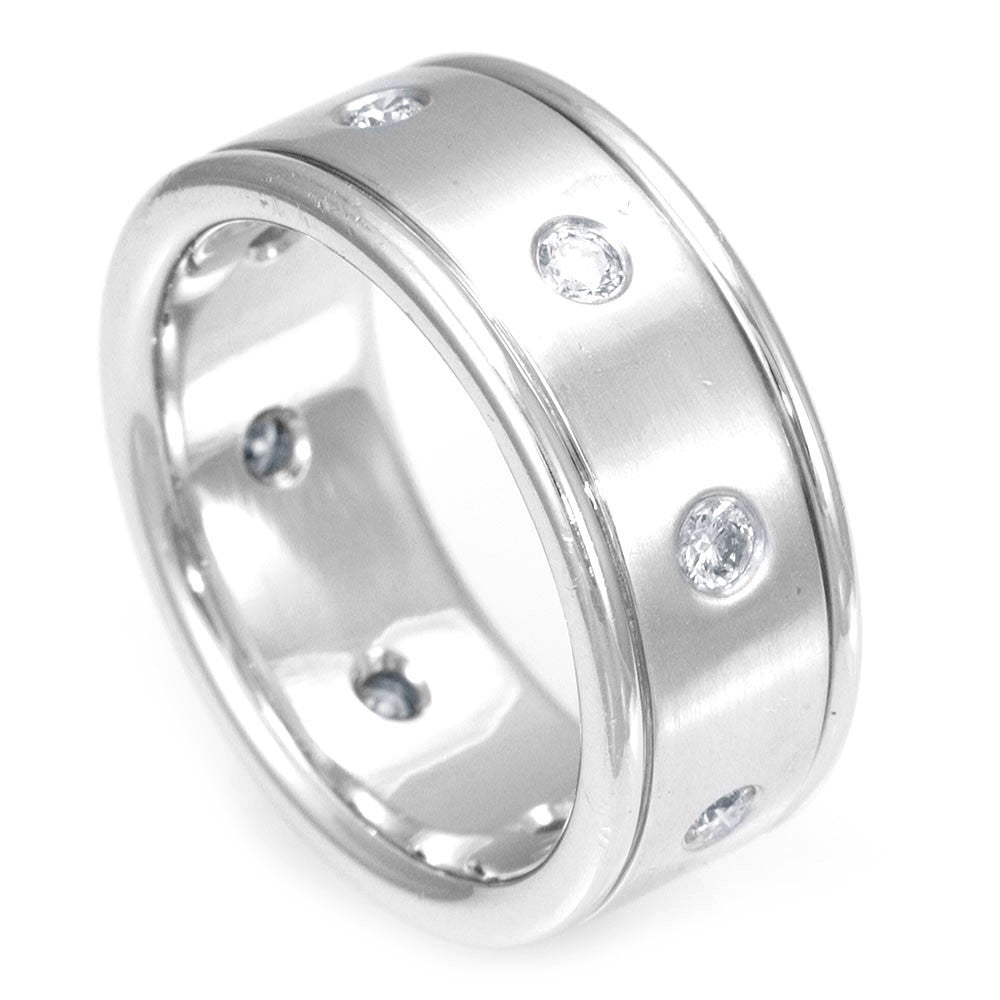 14K White Gold Wedding Band with Bezel Set Round Diamonds