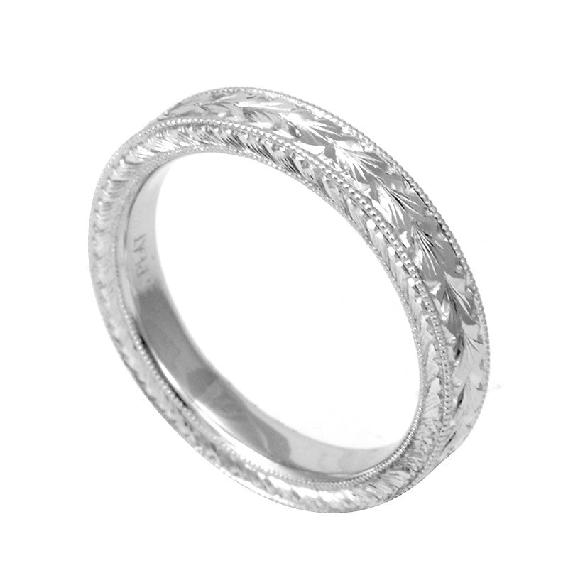 Hand Engraved 14K White Gold Wedding Band